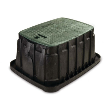 Rain Bird VBJMB jumbo rectangular valve box with black corrugated body and drop-in green lid, shown upright on white background