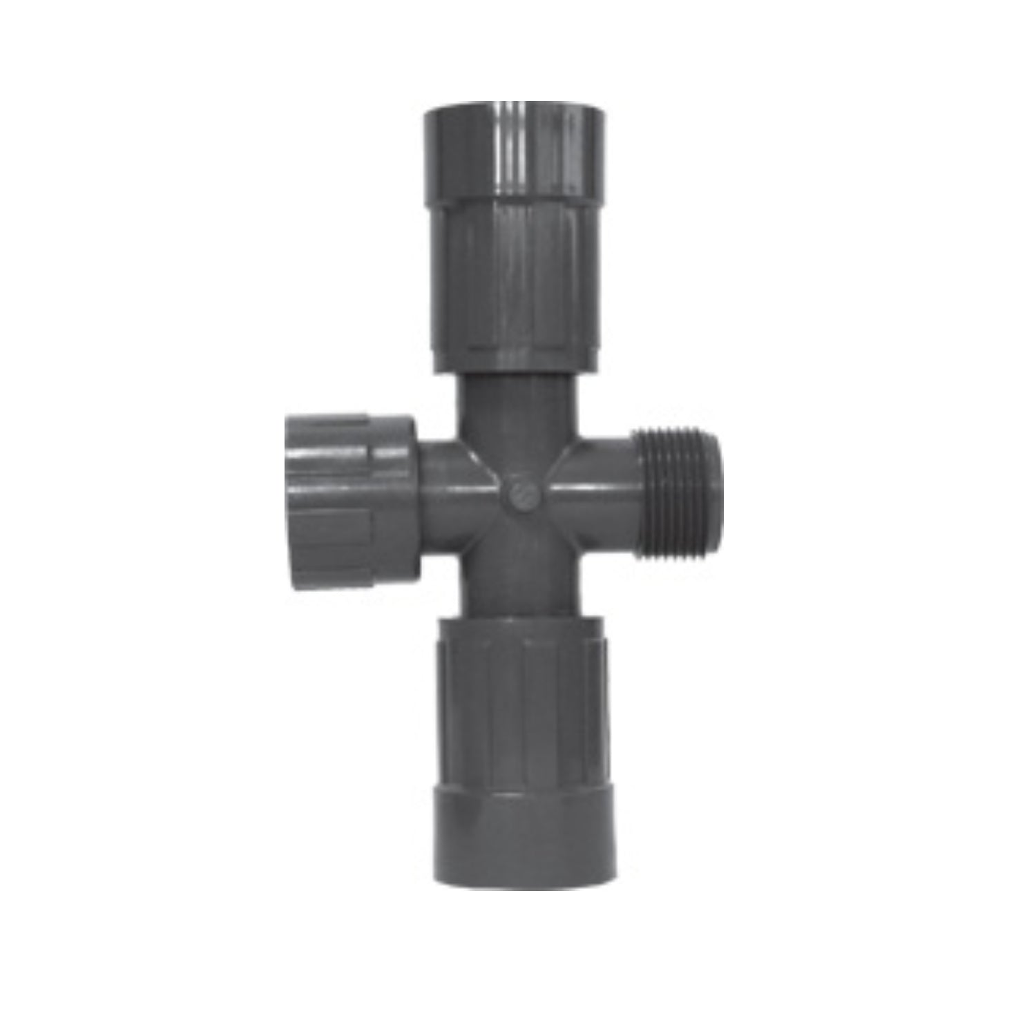 LASCO 1220-010 PVC 1-inch cross manifold on white background showing ring nut inlet, male thread and two FVConn valve connection ports.
