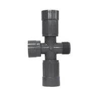 LASCO 1220-010 PVC 1-inch cross manifold on white background showing ring nut inlet, male thread and two FVConn valve connection ports.