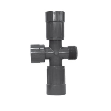LASCO 1220-010 PVC 1-inch cross manifold on white background showing ring nut inlet, male thread and two FVConn valve connection ports.