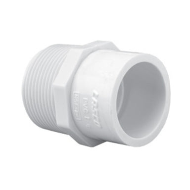 White PVC Schedule 40 reducing male adapter (1-1/4" to 1"), showing MNPT threaded end and 1" socket, front angle on plain white background.