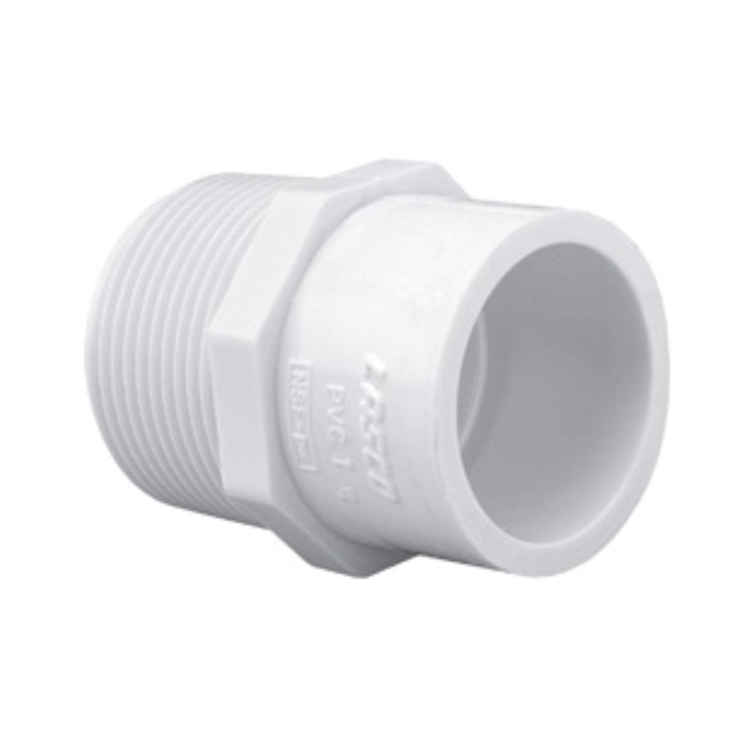 White Lasco 436-251 Schedule 40 PVC reducing male adapter showing threaded 2" MPT end and 1-1/2" slip socket.