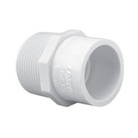White Schedule 40 PVC Lasco male reducing adapter, 1-1/2 inch MPT threaded end to 2 inch slip socket end, front view showing thread and socket connection (product SKU 436213).