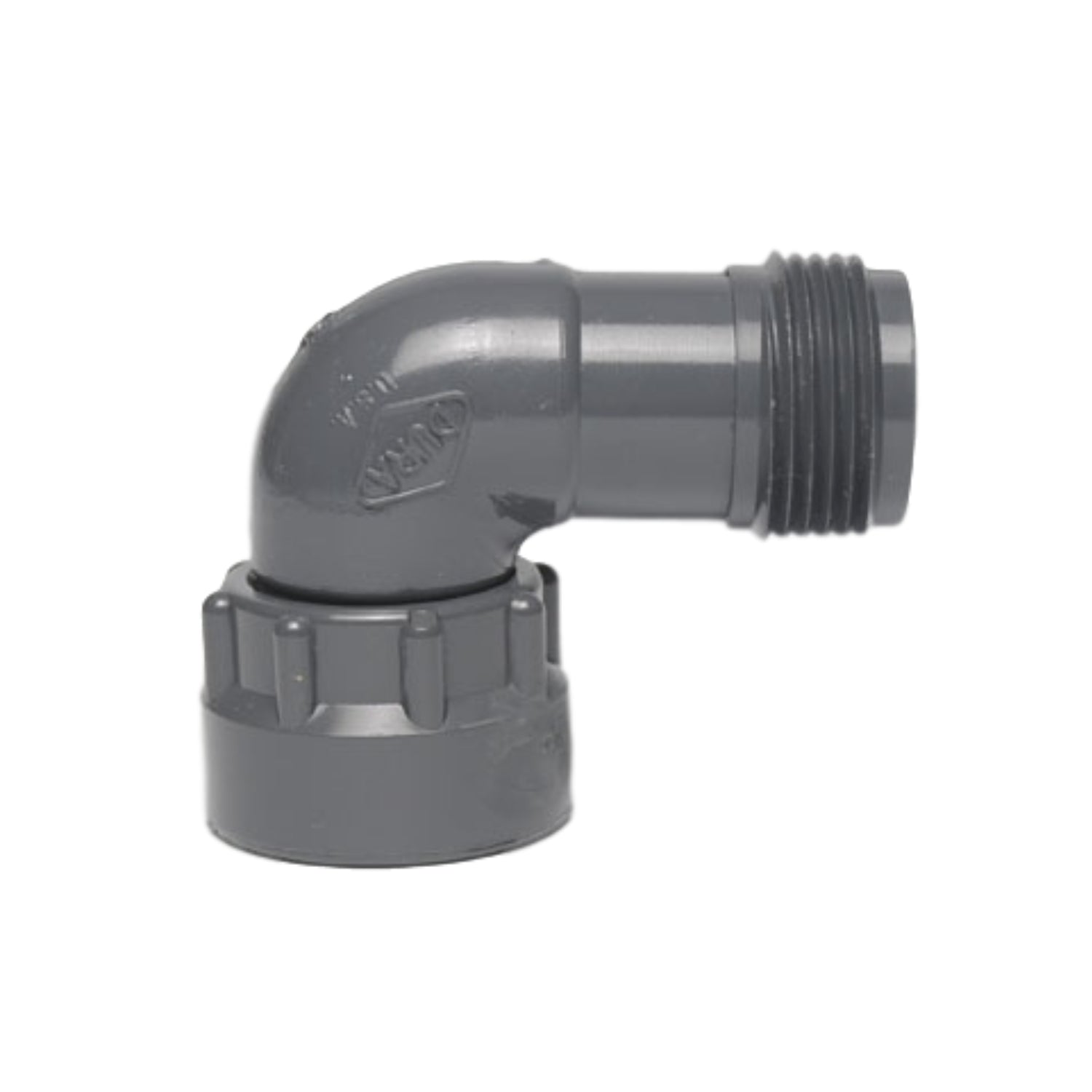Gray Sch 40 PVC 1-inch DURA O-ring 90-degree elbow (306-009) with 1" MIPT x 1" swivel connection, for manifold systems.