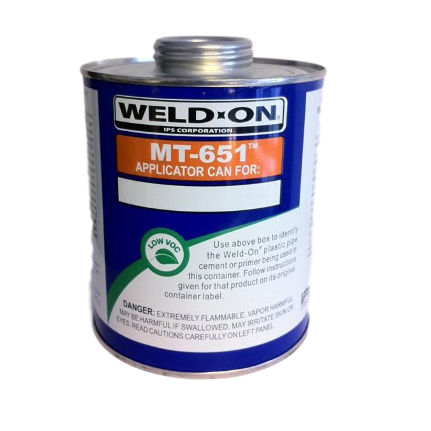 Silver 1-quart empty metal can (Weld-On MT-651) with 1.75-inch neck and blank writable front label, shown on a white background for product identification.