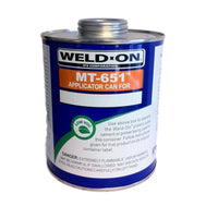 Silver 1-quart empty metal can (Weld-On MT-651) with 1.75-inch neck and blank writable front label, shown on a white background for product identification.