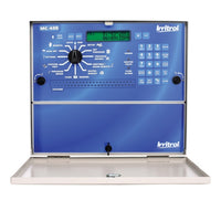 Front view of Irritrol MC-4E MC-E Blue Series 4-station irrigation controller in lockable steel cabinet with blue face panel and mounting holes.