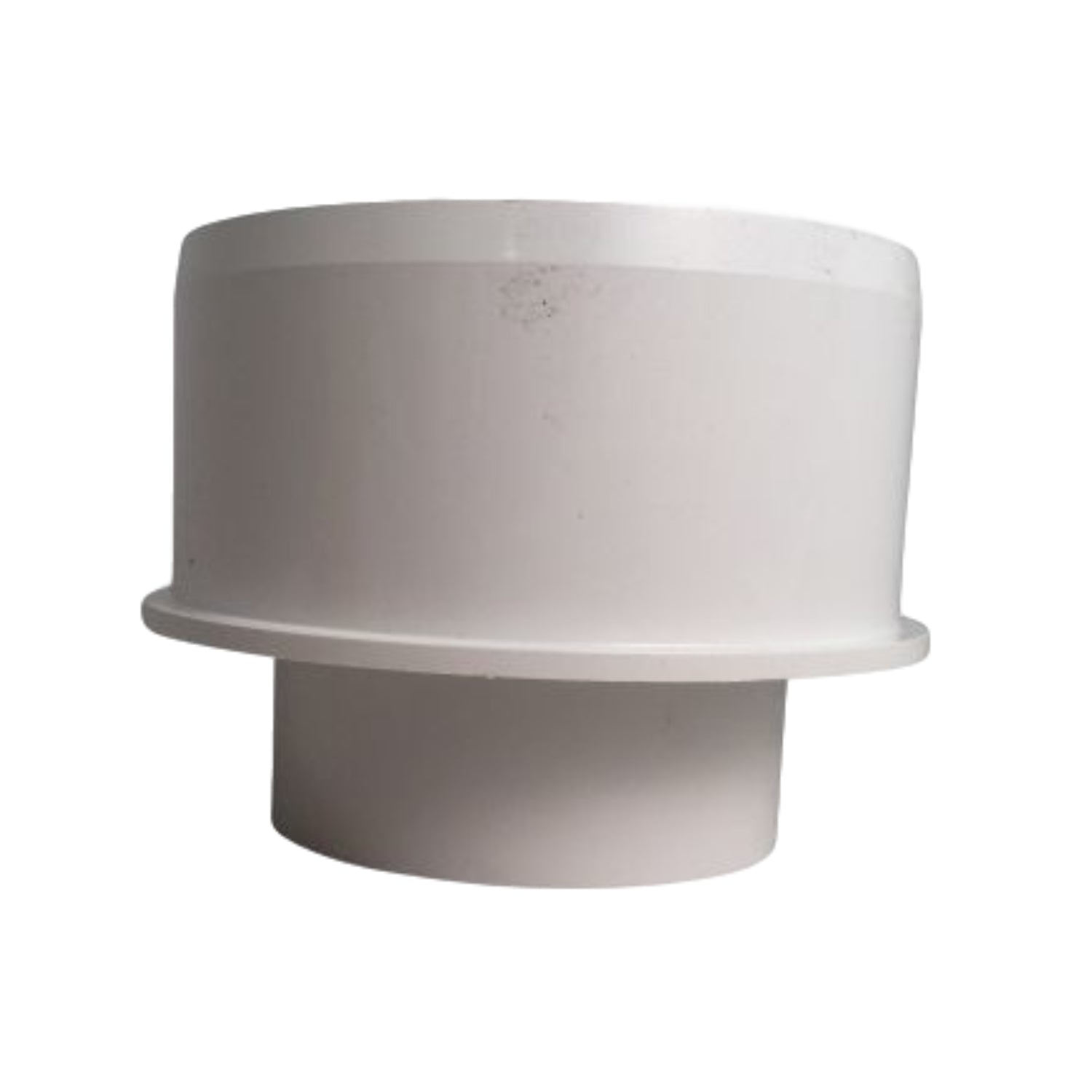 White PVC NDS 3P07 reducer bushing; hub and spigot ends for joining 3 in and 4 in sewer/drain pipes.