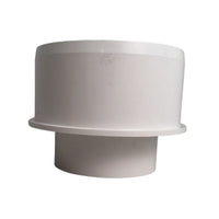 White PVC NDS 3P07 reducer bushing; hub and spigot ends for joining 3 in and 4 in sewer/drain pipes.