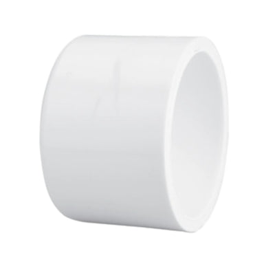 White Schedule 40 PVC slip (socket) cap, 2-1/2-inch nominal size, domed top, model 447-025, front view on plain background