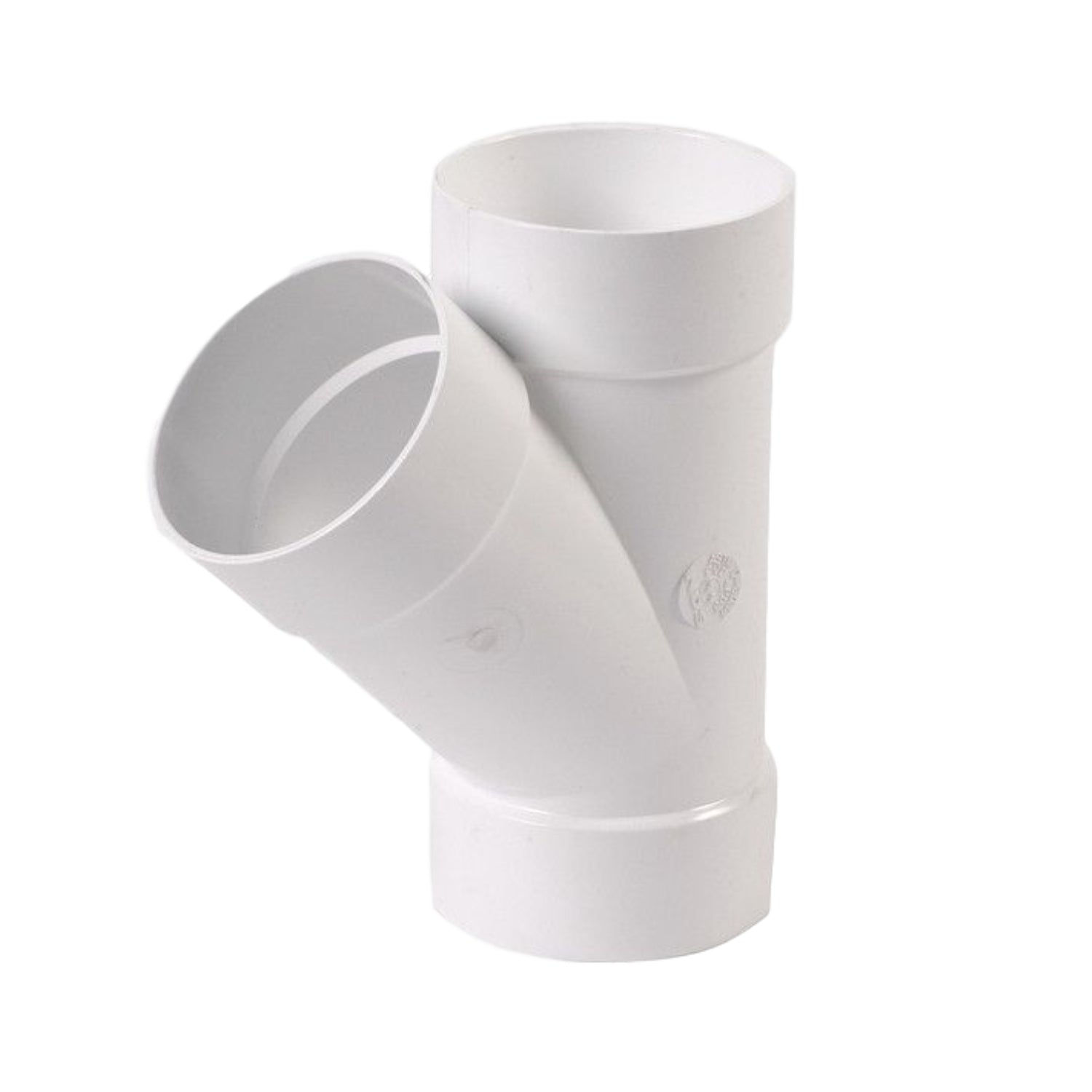 Front view of white NDS 4P08 4-inch PVC 45° wye fitting (hub x hub x hub), showing hub openings and the 45-degree branch for drainage connections.