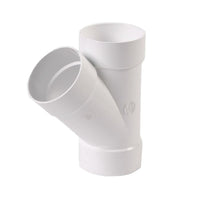 Front view of white NDS 4P08 4-inch PVC 45° wye fitting (hub x hub x hub), showing hub openings and the 45-degree branch for drainage connections.