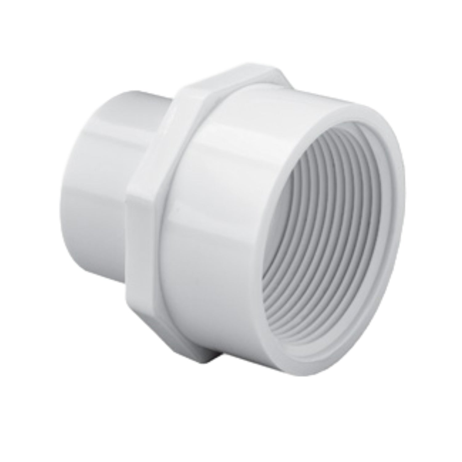 White PVC reducing adapter model 435-102, 3/4" slip to 1" female pipe thread (FPT), Schedule 40 fitting shown on a plain background for product reference.