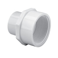 White PVC reducing adapter model 435-102, 3/4" slip to 1" female pipe thread (FPT), Schedule 40 fitting shown on a plain background for product reference.