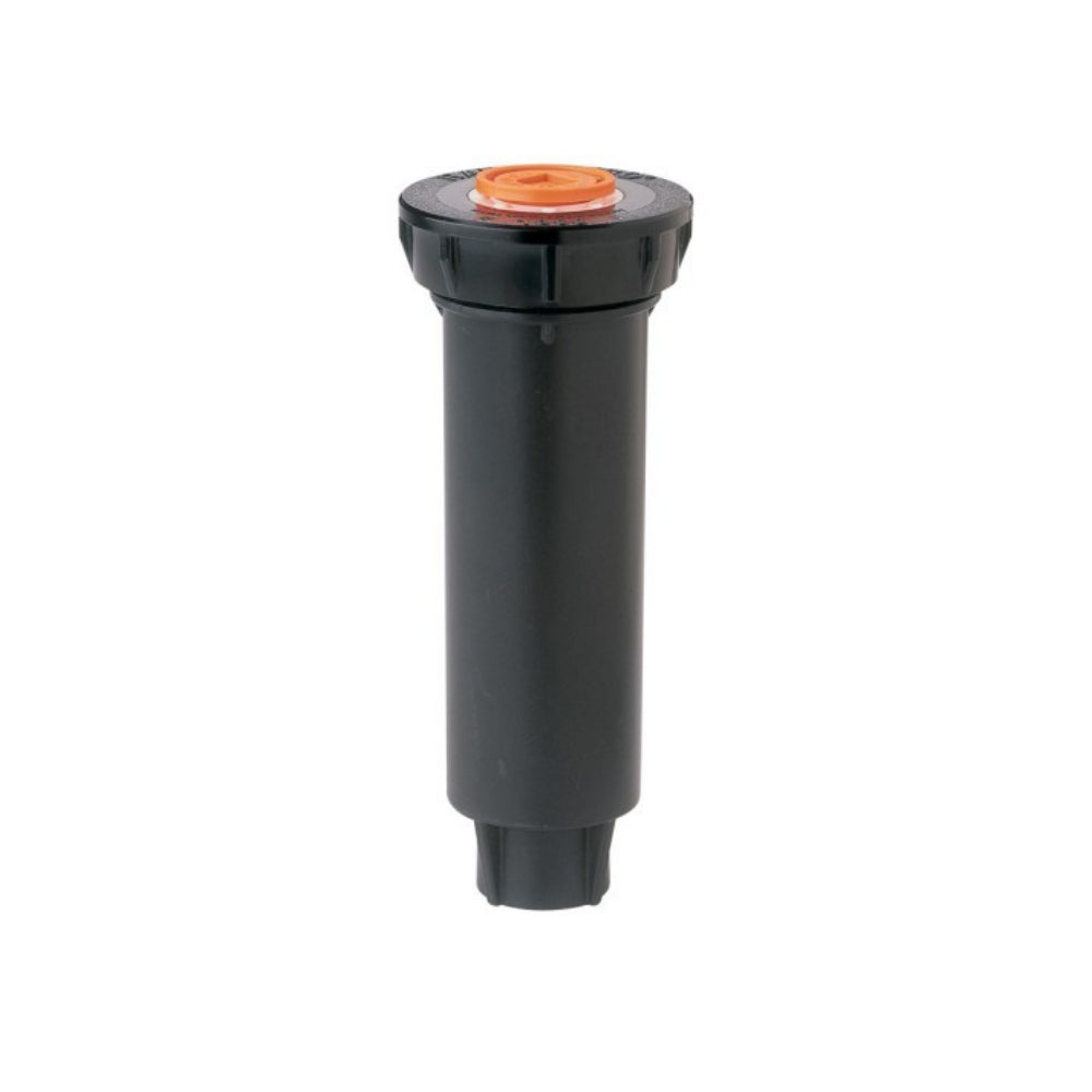 Angled view of Rain Bird 1804-SAM-P45 spray head showing 4 in. pop-up riser, threaded 1/2 in. inlet and plastic cap assembly for irrigation systems.