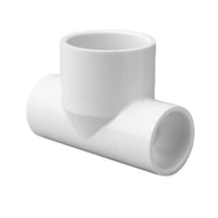 White Schedule 40 PVC bullhead reducing tee model 401-213 with socket (slip) connections, nominal 1-1/2" x 1-1/2" x 2" for irrigation and plumbing applications