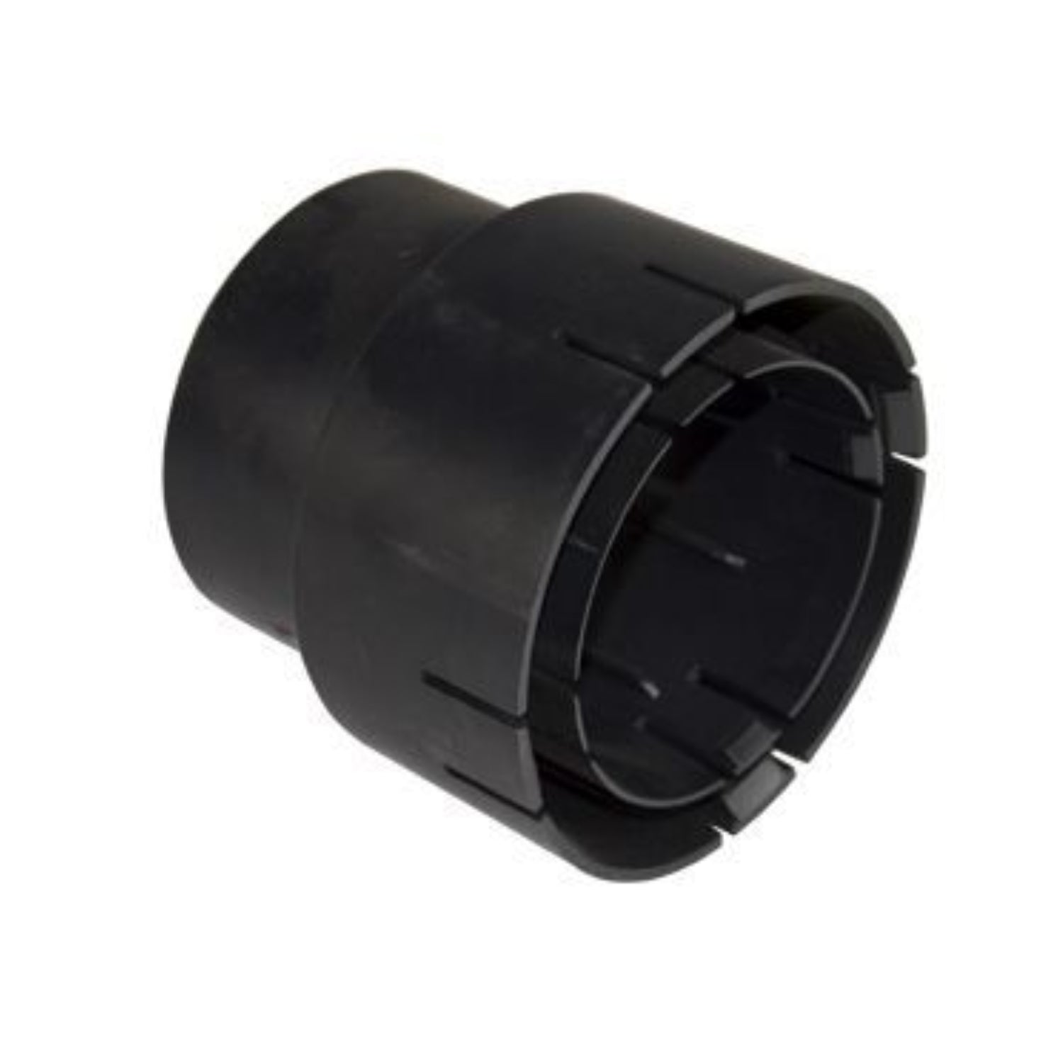 Black NDS 1242 universal outlet adapter with 4" internal spigot; fits 3" and 4" corrugated, sewer, SCH 40, and triple-wall pipes.