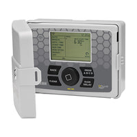 Front view of Hydro-Rain HRC 400 B-hyve Wi‑Fi irrigation controller in indoor/outdoor locking cabinet, 8 or 16 station model, gray finish.