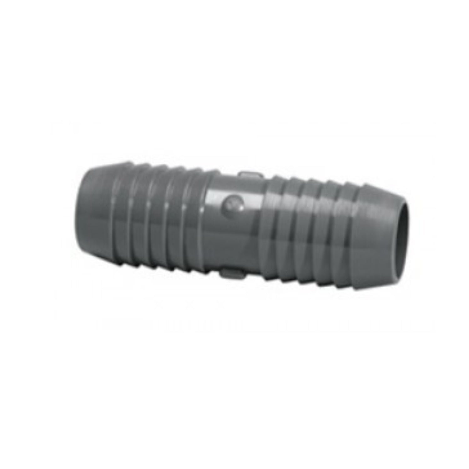 Lasco 1429-005 1/2-inch gray PVC insert coupling, barbed insert x insert fitting for polyethylene irrigation tubing, front view.