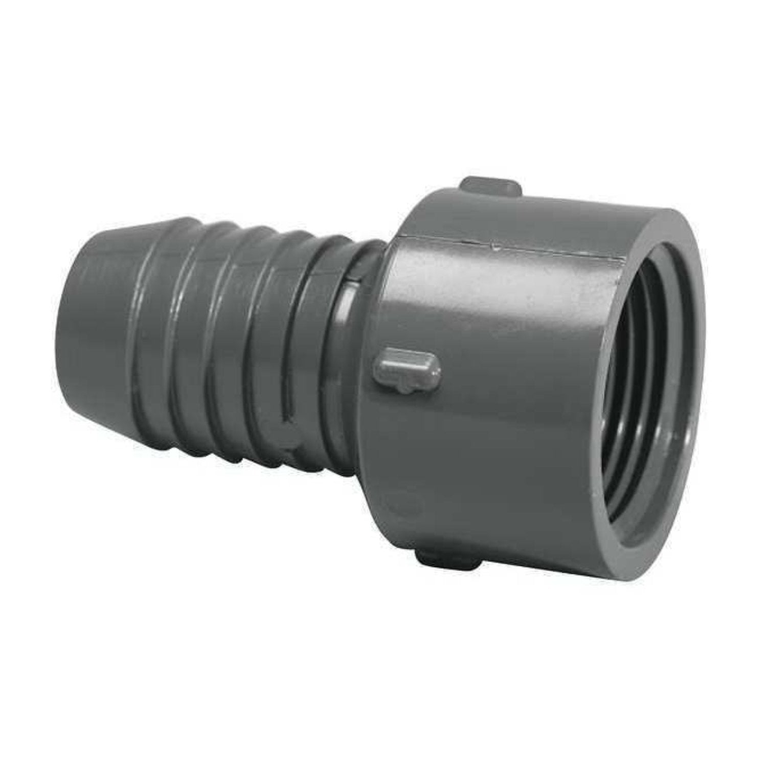 Gray PVC insert female adapter, 3/4 inch insert x FPT connection, model 1435-007, angled product view on white background, shows barb and threaded end.
