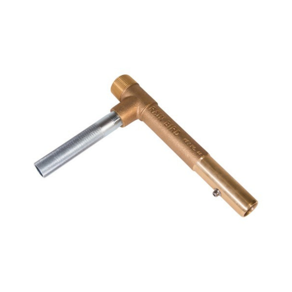 Close-up front view of Rain Bird 44K quick-coupling valve key showing 1-inch male threads and 3/4-inch female connection.