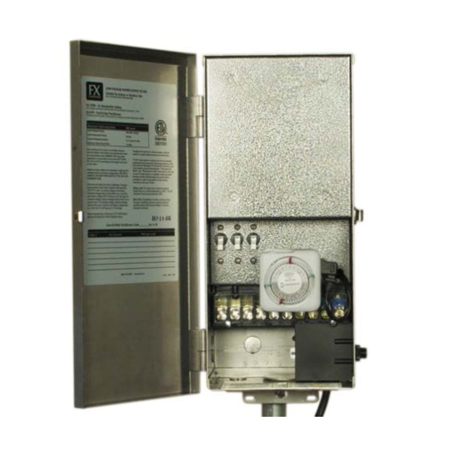 Front view of FX PotenzaX PX300TSS stainless steel 300W multi-tap transformer showing timer module and power cord.