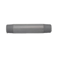 Close-up of a 1/2" x 4" Schedule 80 PVC threaded-both-ends nipple showing both male pipe threads and smooth molded body for irrigation use.