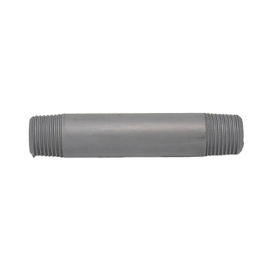 Close-up of a gray 1" x 4" Schedule 80 PVC nipple with male NPT threads on both ends, showing molded thread detail and smooth body finish.