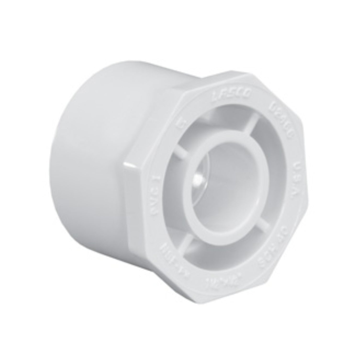 Front view of white LASCO PVC reducer bushing 4 x 2 inches (spigot to slip), Schedule 40 fitting on a neutral background, showing inlet and outlet ends clearly.