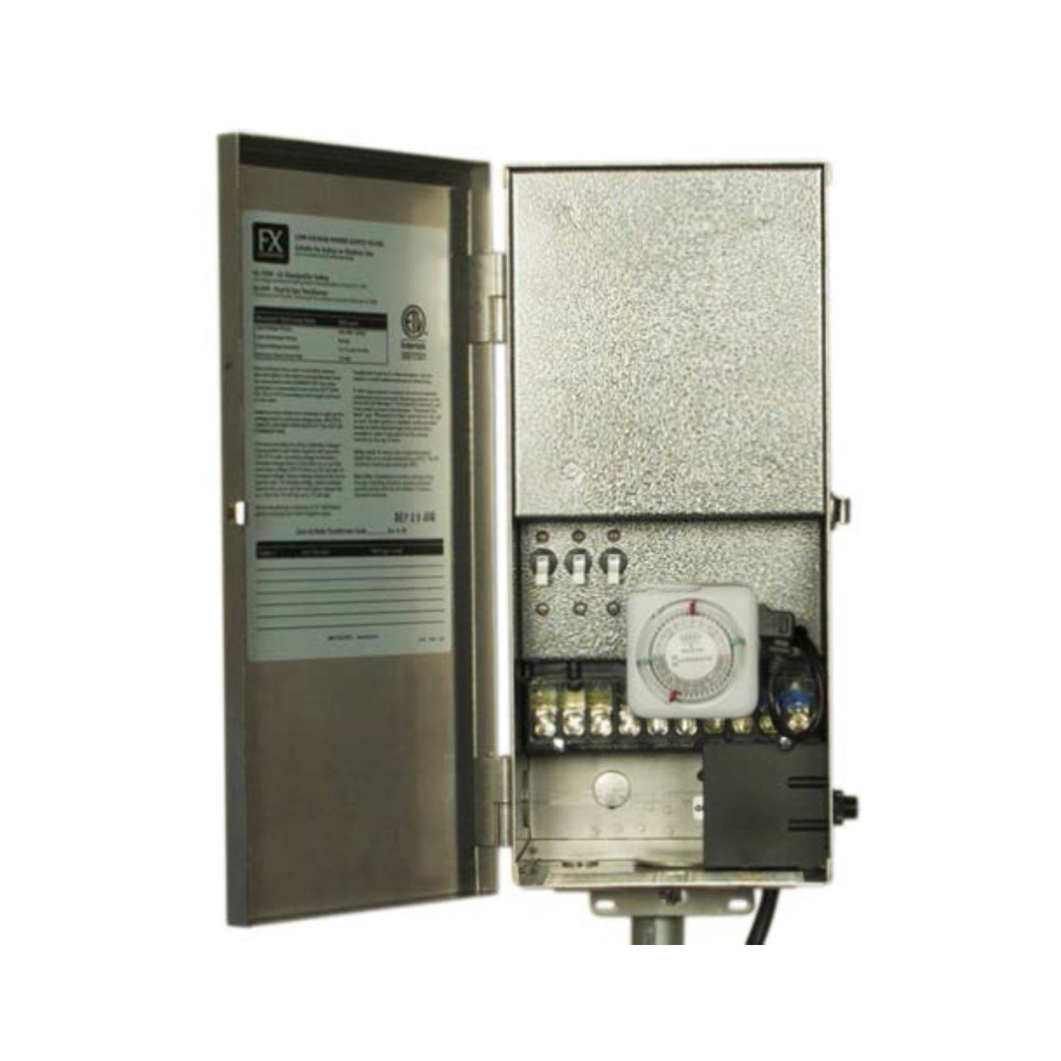 FX PotenzaX PX900TSS 900W stainless steel multi-tap transformer, front view showing timer dial, controls, and molded power cord (approx. 100 characters).