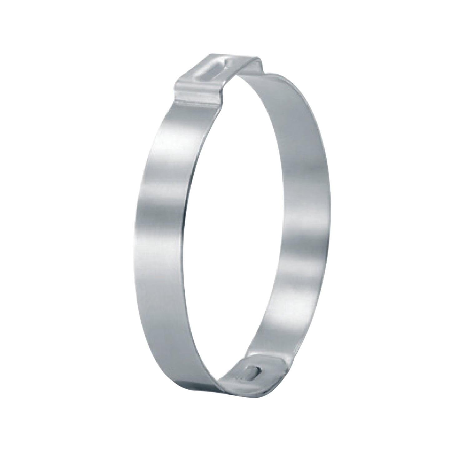 Close-up of stainless steel Oetiker one-ear crimp clamp model 425R (1-1/4in), showing ear closure, smooth band, and mechanical interlock.