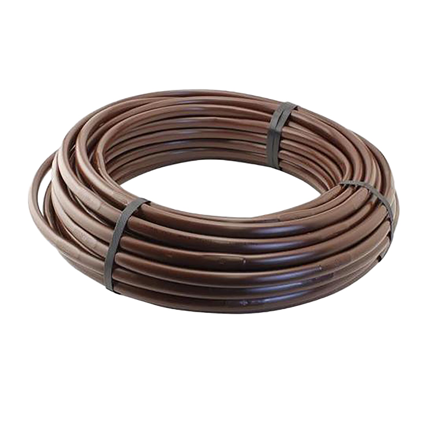 Coiled Netafim Techline CV blank 17mm drip tubing, black UV-resistant recycled polyethylene, shown as 100 ft coil.
