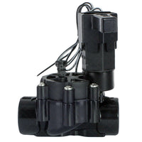 Angled product view of Rain Bird 100DV 1-inch inline electric irrigation valve showing solenoid, NPT threaded inlet, and plastic body.