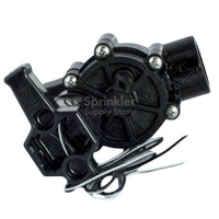 Front view of the Rain Bird 100DV 1-inch inline electric valve with visible NPT female threads and compact dimensions for valve boxes.