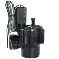 Front three-quarter view of Rain Bird 100DVA 1-inch angle remote-control irrigation valve showing threaded inlet and valve body details.