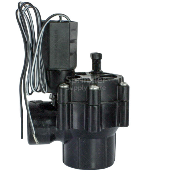 Front three-quarter view of Rain Bird 100DVA 1-inch angle remote-control irrigation valve showing threaded inlet and valve body details.