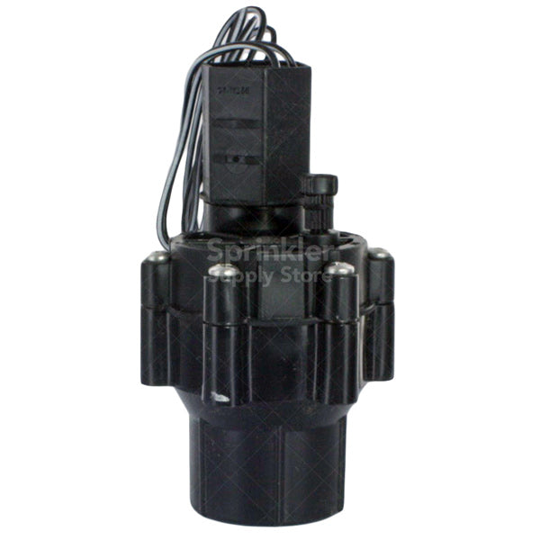 Side view of Rain Bird 100DVA valve highlighting the angle configuration, solenoid coil and NPT female x female threaded connections.