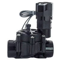 Rain Bird 100DVSS 1-inch slip x slip electric irrigation valve front angle view showing solenoid and bonnet, durable plastic body.
