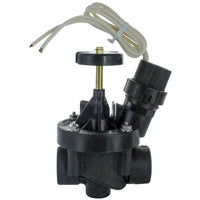 Rain Bird 100PEB 1 in. plastic industrial globe valve, front view showing solenoid cap, flow-control stem, and inlet threads.