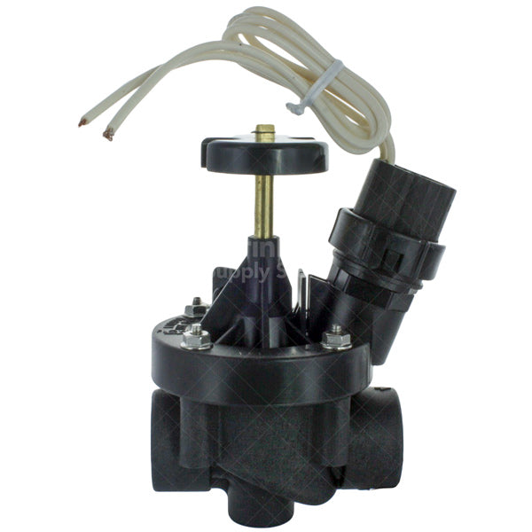 Rain Bird 100PEB 1 in. plastic industrial globe valve, front view showing solenoid cap, flow-control stem, and inlet threads.