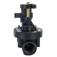 Side-angle view of Rain Bird 100PEB valve highlighting the one-piece solenoid, bonnet, and manual external bleed for maintenance access.