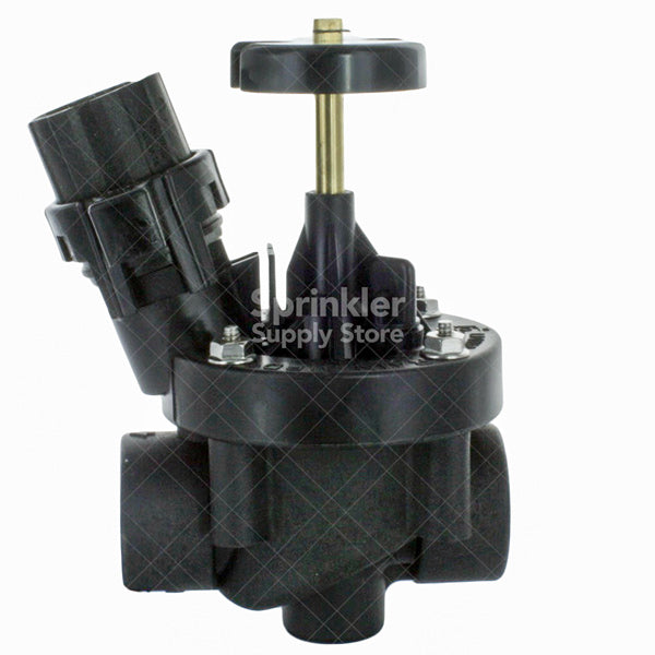 Top view of Rain Bird 100PEB 1 in. valve showing flow-control handle, bonnet fasteners, and compact inline footprint for buried installations.