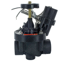 Front view of Rain Bird 100PESB 1-inch PESB plastic industrial valve showing solenoid and valve body components.