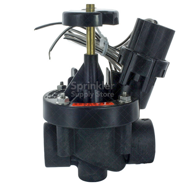 Front view of Rain Bird 100PESB 1-inch PESB plastic industrial valve showing solenoid and valve body components.
