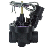 Front three-quarter view of the 1-inch Rain Bird PESB scrubber valve with purple reclaimed-water cap, showing body and solenoid assembly in detail.