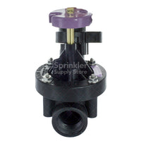 Top and side view of the PESB 1-inch valve highlighting the solenoid housing and glass-filled nylon body with the purple reclaimed cap visible.