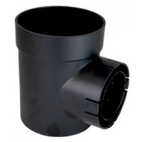 Black NDS Spee-D-Basin 101 shown from an angle, highlighting the locking outlet and side openings for 3" and 4" pipe connections on a white background, product detail view.