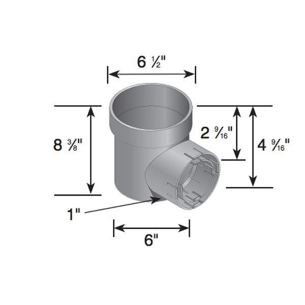 Top and side view of NDS Spee-D-Basin 101 in black, showing the outlet area and locking feature with clear visibility of pipe-fit openings for 3" and 4" sizes.