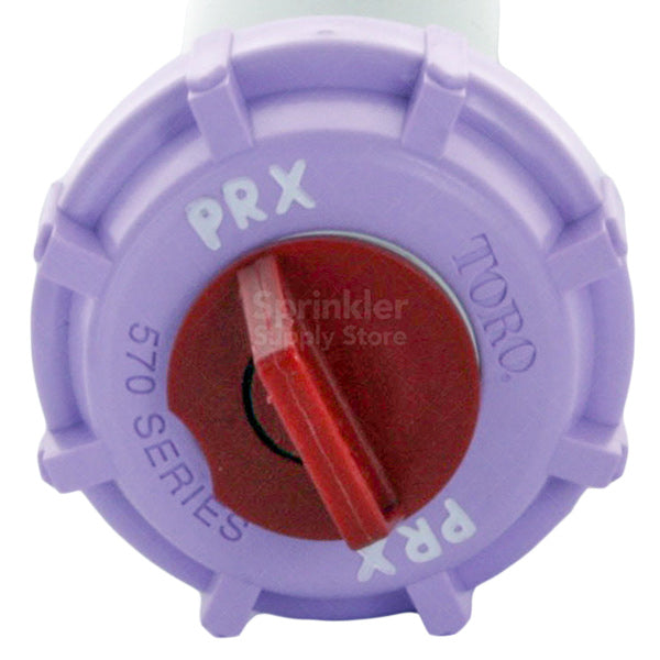 Side angle of Toro 570Z PRX 6 in. pop-up spray showing inlet area and lavender effluent molded cap for quick identification.