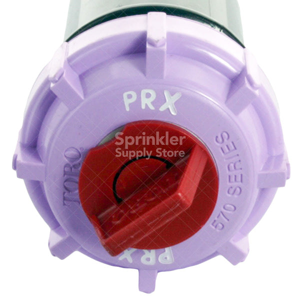 Detailed view of Toro 570Z-12P PRX-E body and riser, illustrating pressure-regulator housing and service-access features.